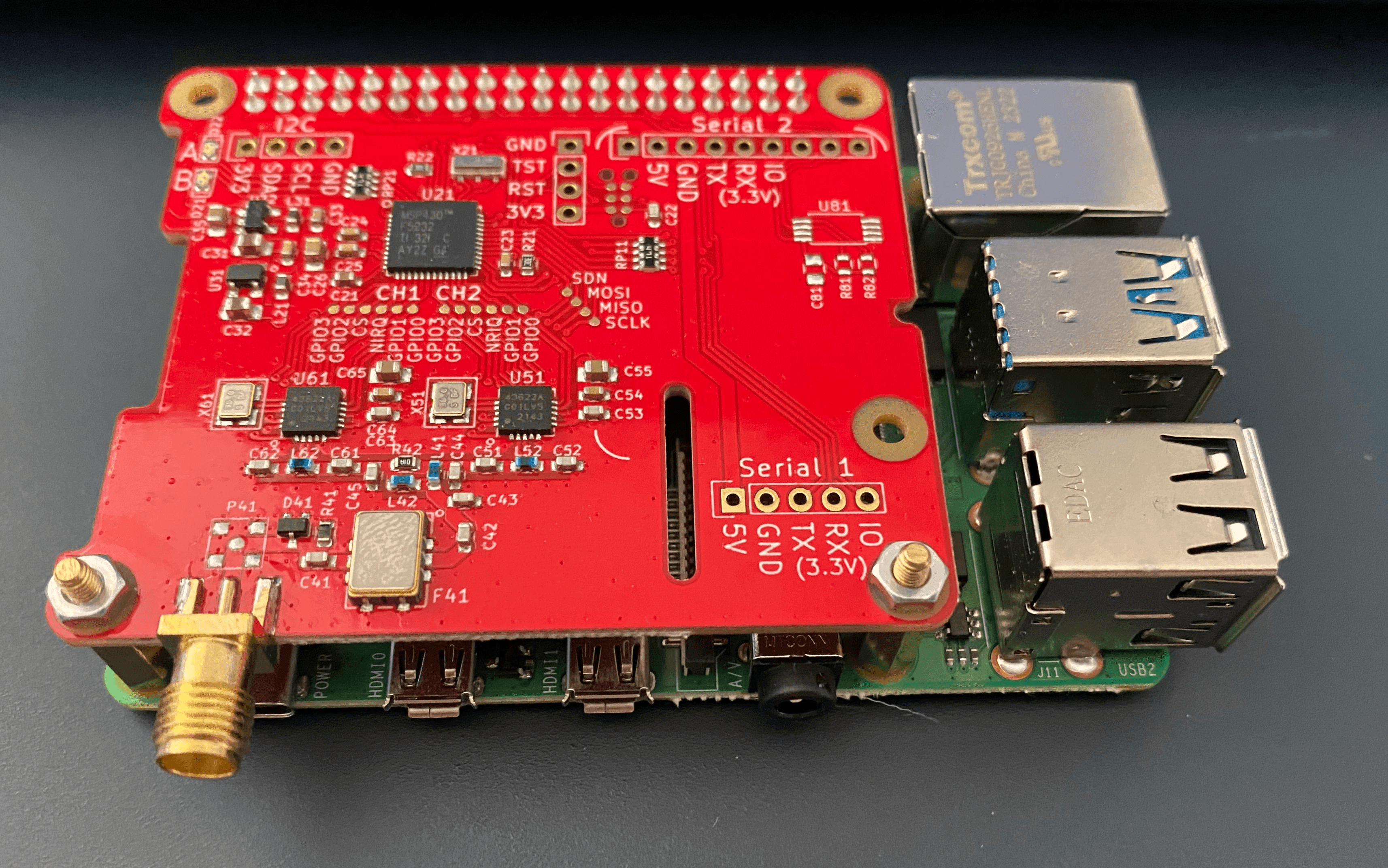 The pi 4 with the daisy hat attached